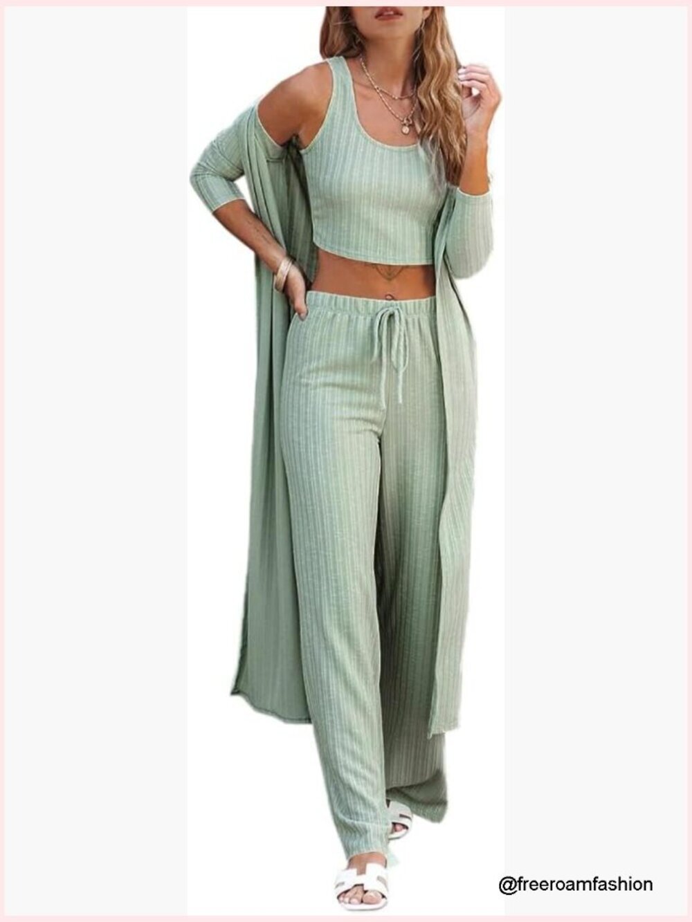 3 Piece Lounge Set Pajamas Long Sleeve Cardigan Crop Top Wide Leg Pants